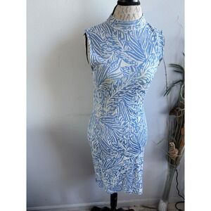 St John Collection Marie Gray Blue Palm Leaf Knit Mock Neck Sheath Dress 14